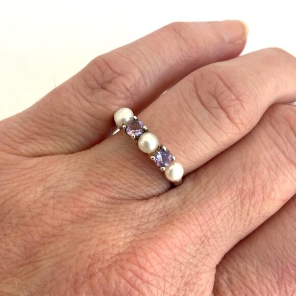 Sterling Silver 925 Multi Gemstone Round Amethyst Genuine Pearl Band Ring Sz 7 - Picture 4 of 16